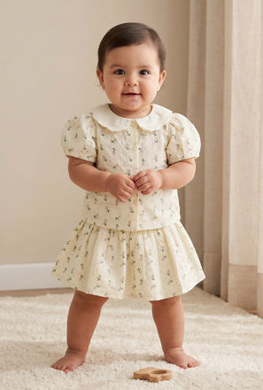 Giggles Collared Short Sleeves Shirt and Skirt Set with Floral Print