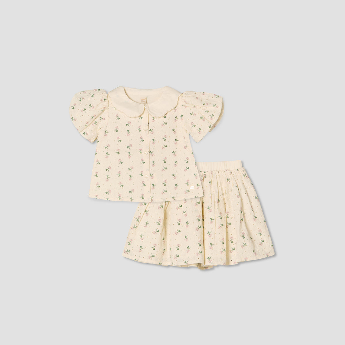 Giggles Collared Short Sleeves Shirt and Skirt Set with Floral Print