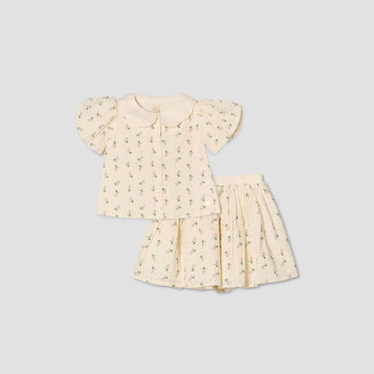 Giggles Collared Short Sleeves Shirt and Skirt Set with Floral Print