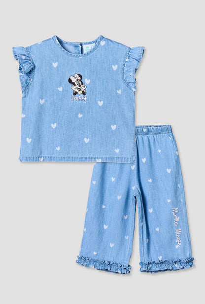 Disney Round Neck Sleeveless Denim Top and Wide Leg Pants Set with Minnie Mouse Applique