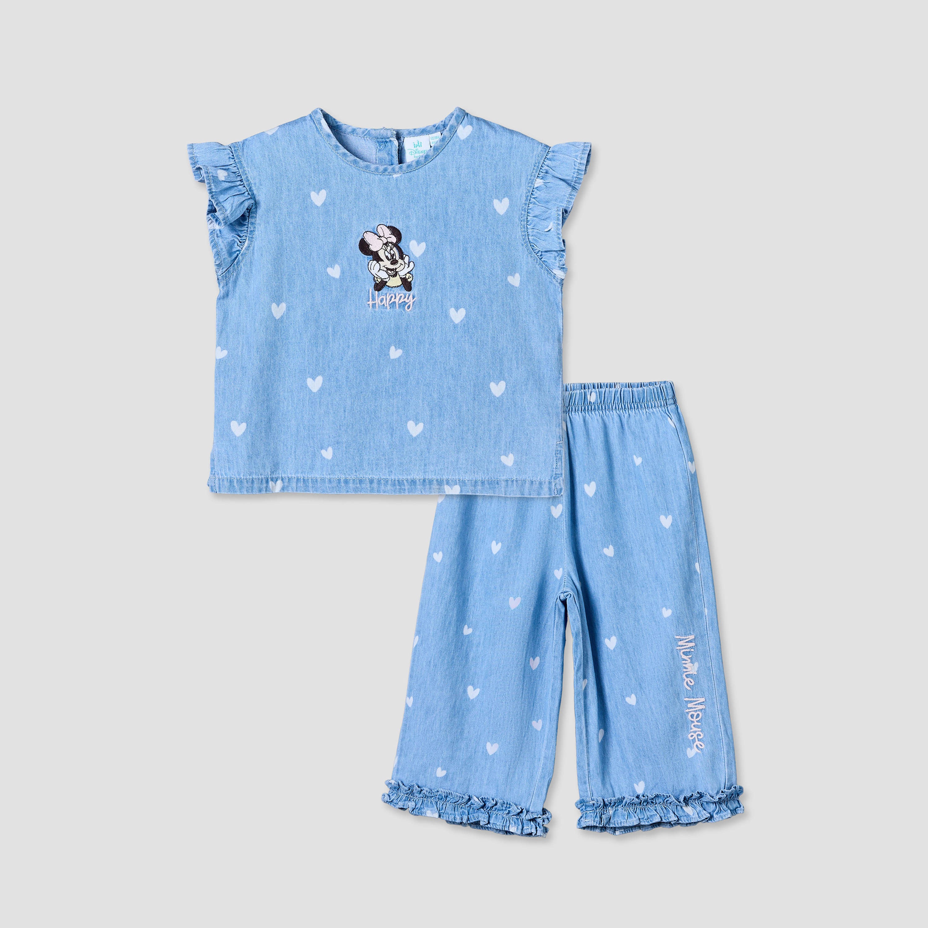 Disney Round Neck Sleeveless Denim Top and Wide Leg Pants Set with Minnie Mouse Applique - Blue / 18-24 mths