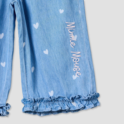Disney Round Neck Sleeveless Denim Top and Wide Leg Pants Set with Minnie Mouse Applique