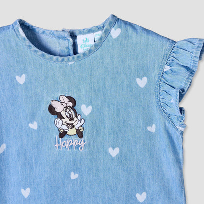 Disney Round Neck Sleeveless Denim Top and Wide Leg Pants Set with Minnie Mouse Applique