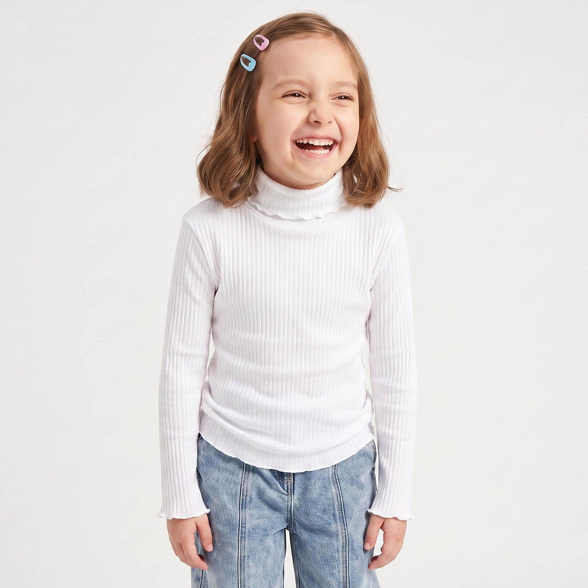 Juniors Turtleneck Long Sleeves T-shirt with Ribbed Design