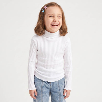 Juniors Turtleneck Long Sleeves T-shirt with Ribbed Design