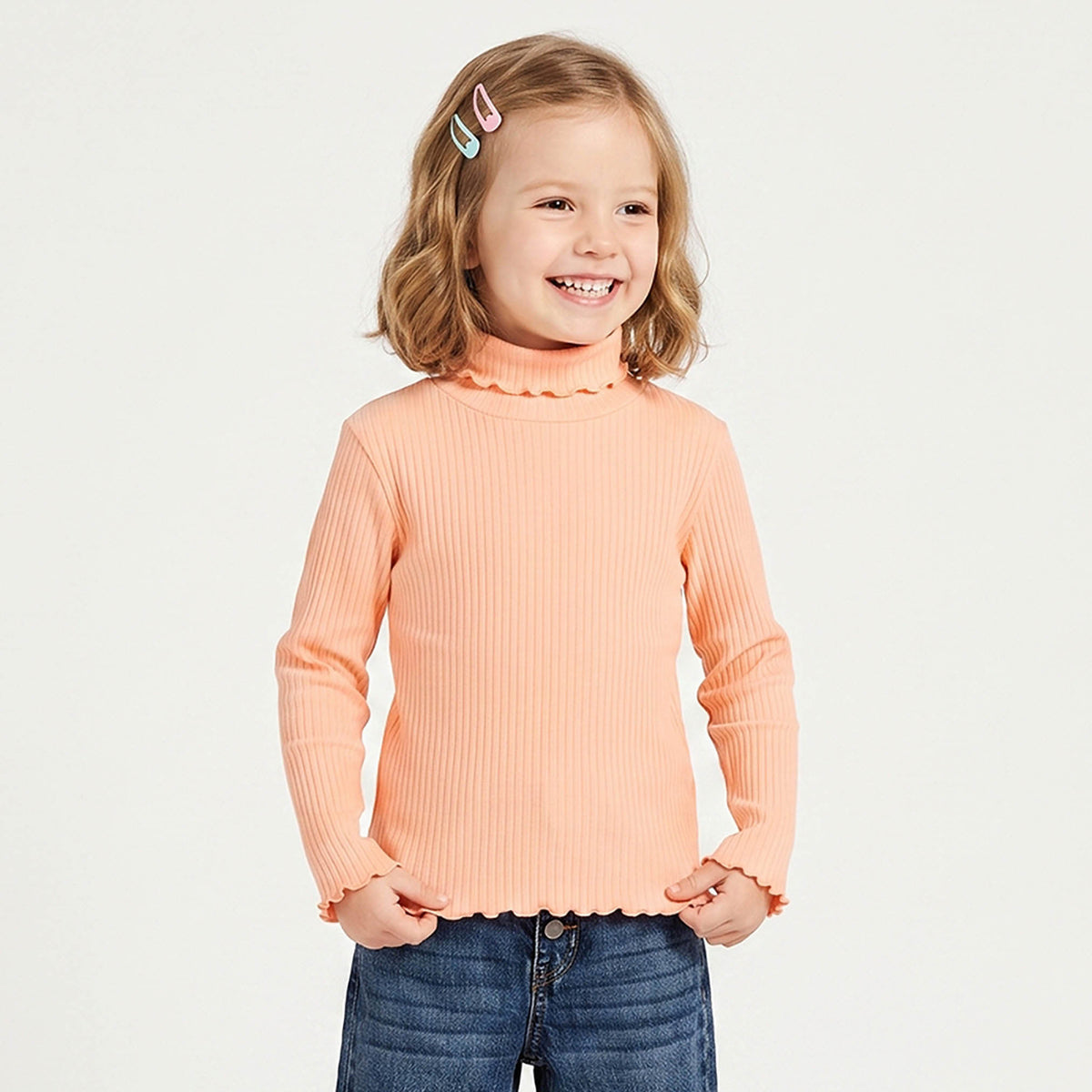 Juniors Turtleneck Long Sleeves T-shirt with Ribbed Design