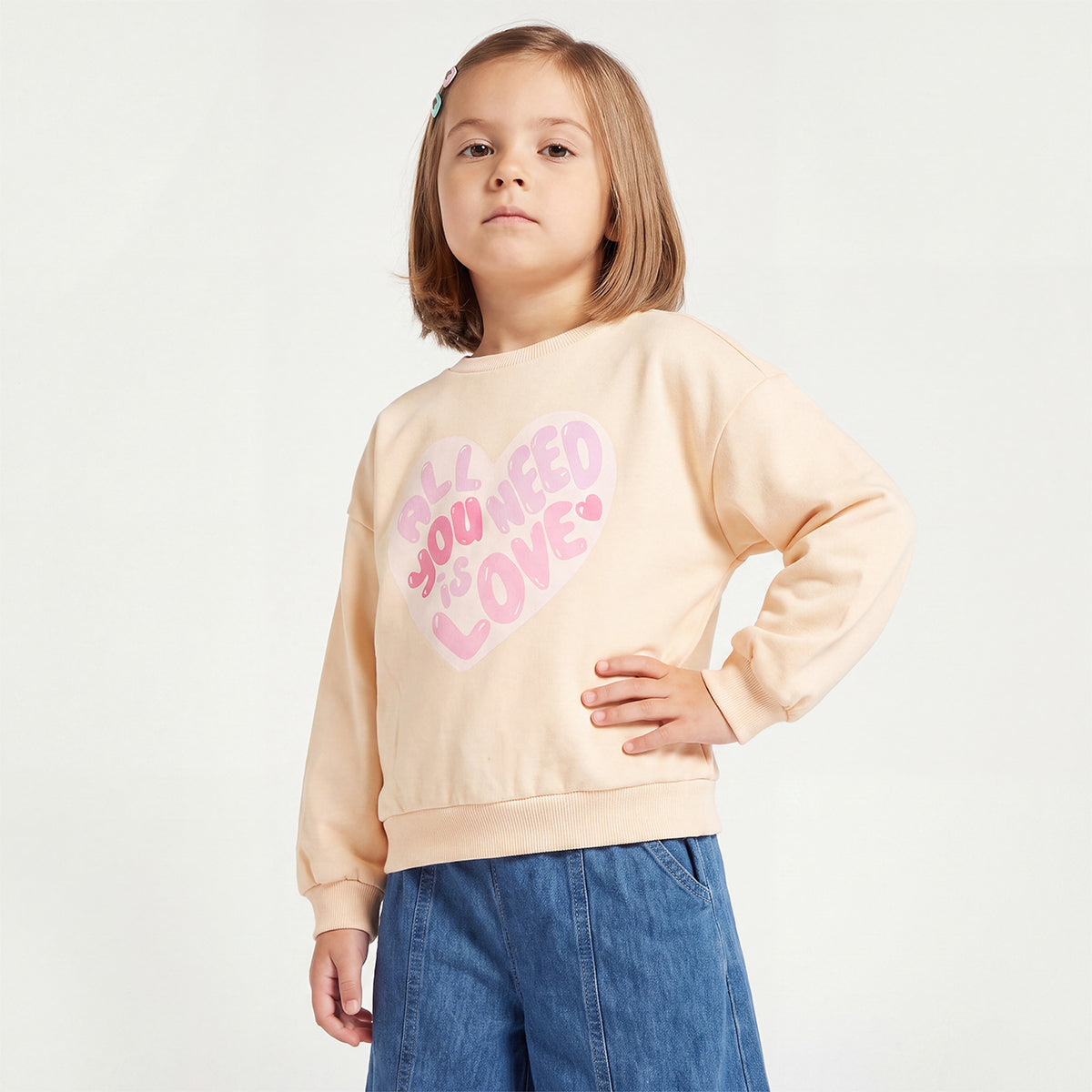 Juniors Heart Print Sweatshirt with Long Sleeves