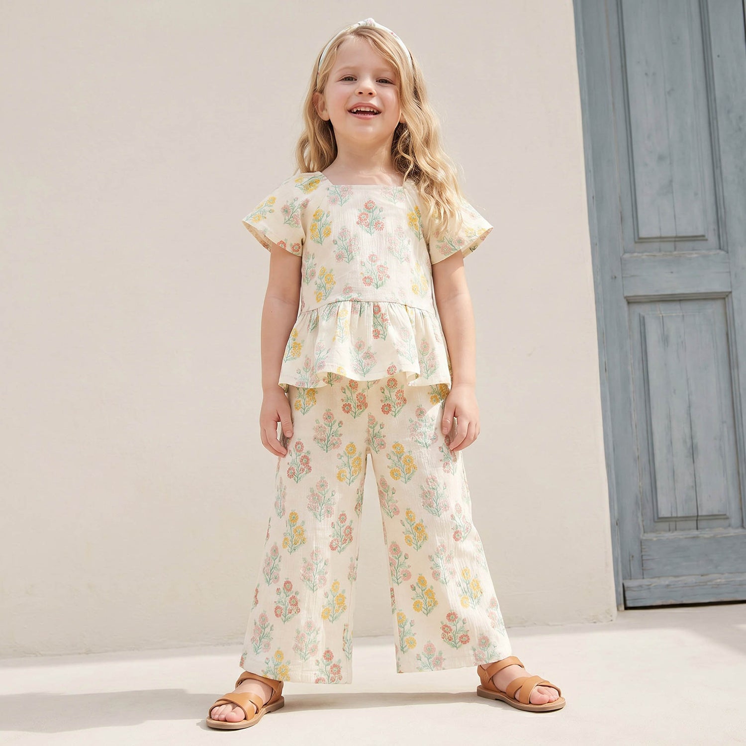 Juniors Square Neck Short Sleeves Peplum Top and Pants Set with Wavy Pattern