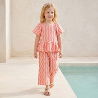 Juniors Square Neck Short Sleeves Peplum Top and Pants Set with Wavy Pattern-undefined-image-1
