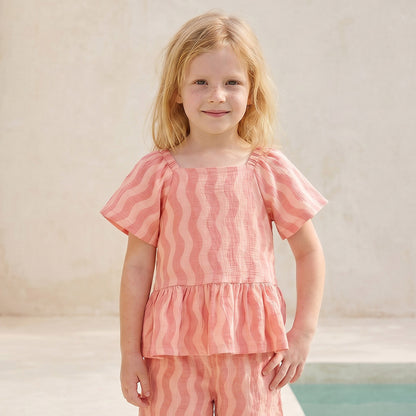 Juniors Square Neck Short Sleeves Peplum Top and Pants Set with Wavy Pattern