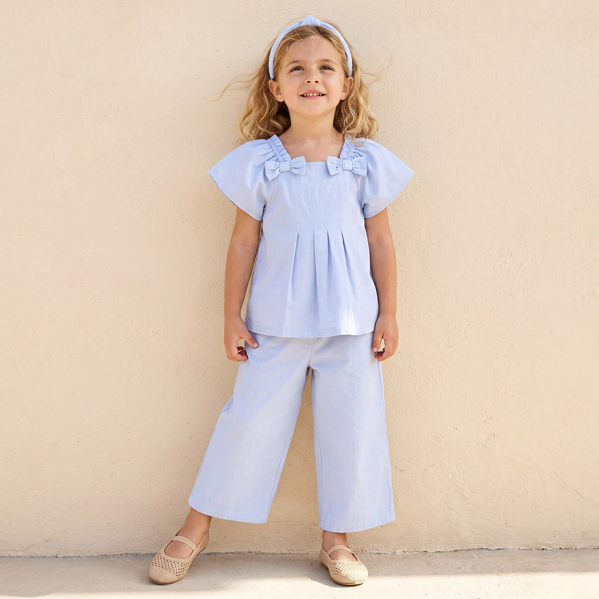 Juniors Square Neck Short Sleeves Peplum Top and Pants Set with Wavy Pattern