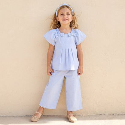 Juniors Square Neck Short Sleeves Peplum Top and Pants Set with Wavy Pattern