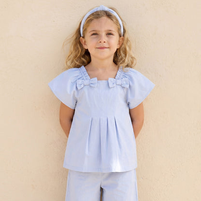 Juniors Square Neck Short Sleeves Peplum Top and Pants Set with Wavy Pattern