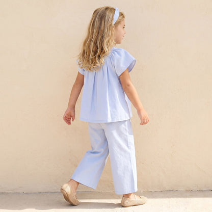 Juniors Square Neck Short Sleeves Peplum Top and Pants Set with Wavy Pattern
