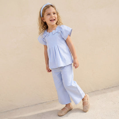 Juniors Square Neck Short Sleeves Peplum Top and Pants Set with Wavy Pattern