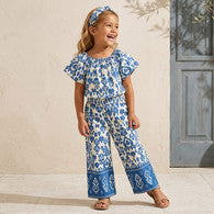 Juniors Square Neck Short Sleeves Peplum Top and Pants Set with Wavy Pattern-undefined-image-1