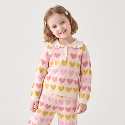 Juniors Collared Long Sleeves Sweater and Pants Set with Heart Print