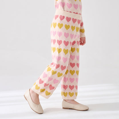 Juniors Collared Long Sleeves Sweater and Pants Set with Heart Print