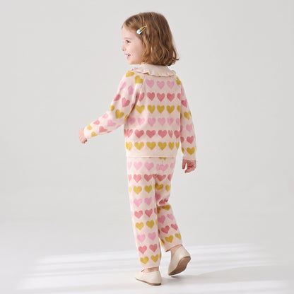 Juniors Collared Long Sleeves Sweater and Pants Set with Heart Print