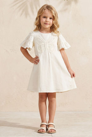 Eligo Round Neck Short Sleeves Knee Length A-line Dress with Butterfly Applique