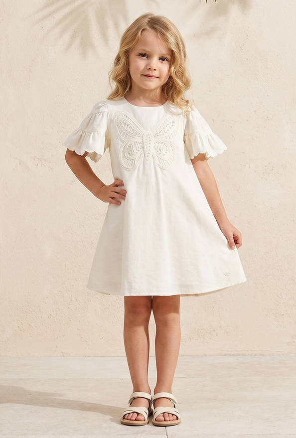 Eligo Round Neck Short Sleeves Knee Length A-line Dress with Butterfly Applique