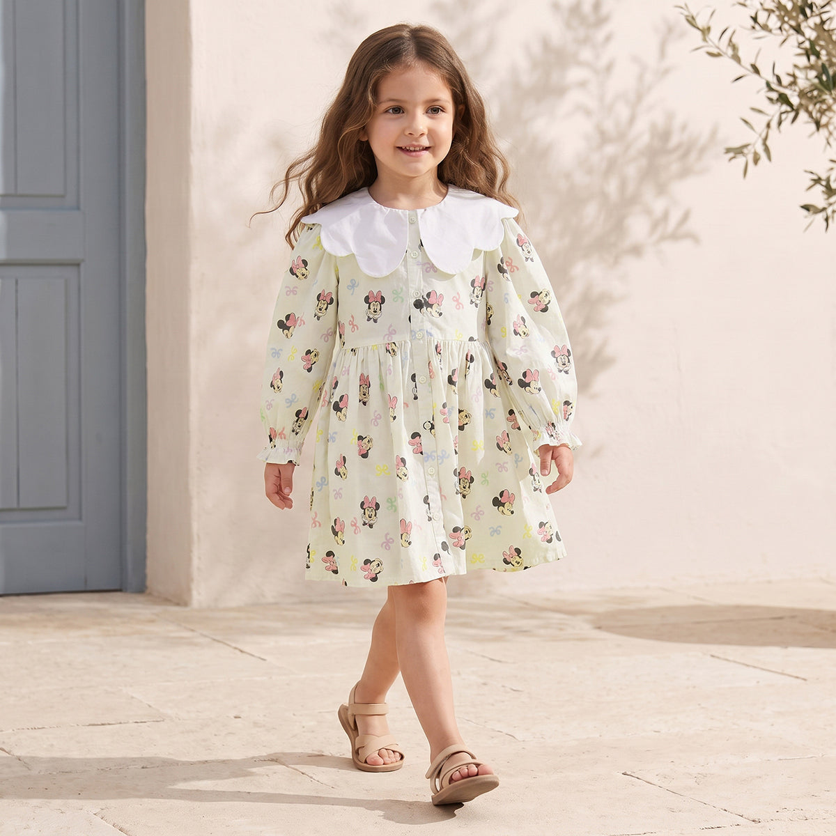 Disney Peter Pan Long Sleeves Knee Length A-line Dress with Minnie Mouse Print
