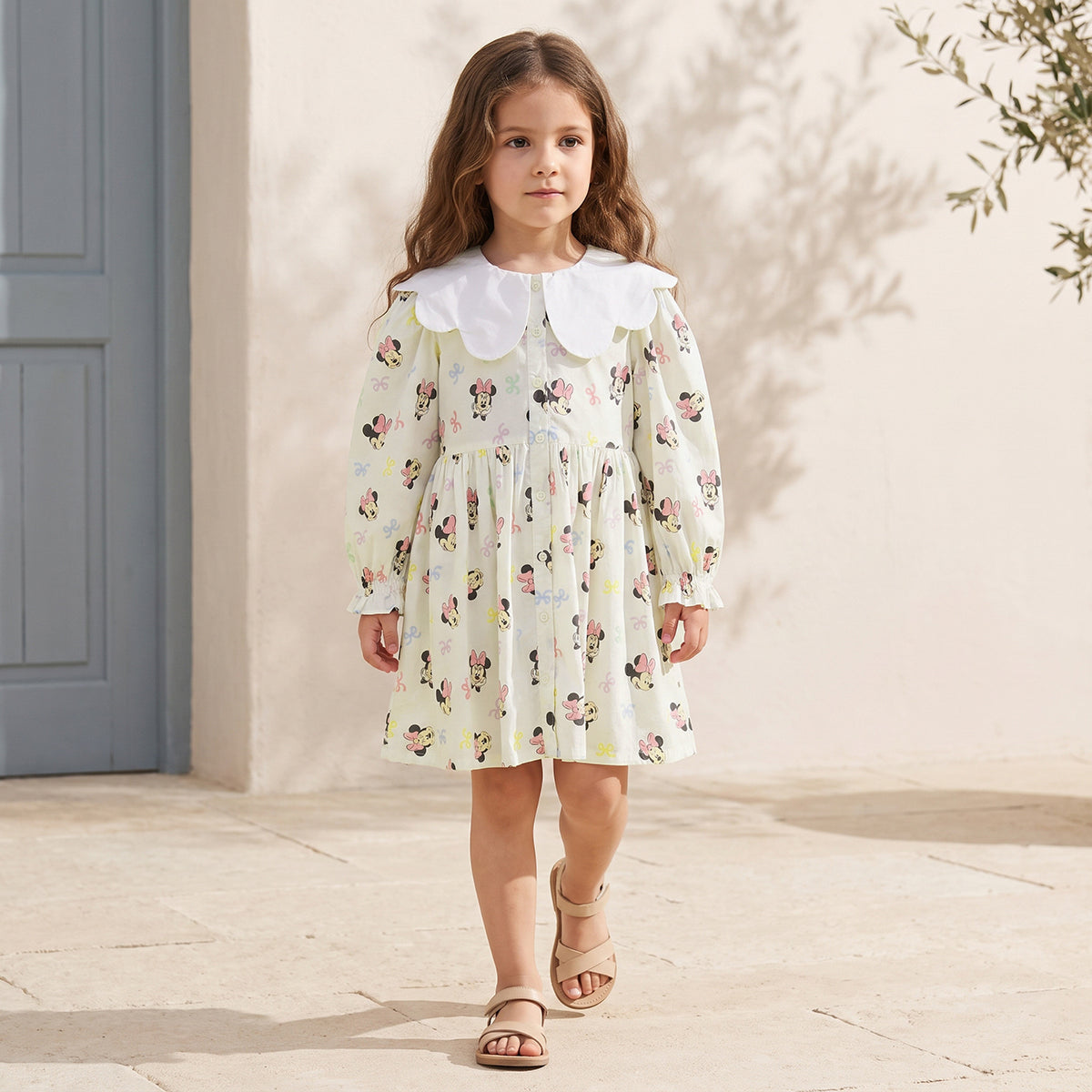 Disney Peter Pan Long Sleeves Knee Length A-line Dress with Minnie Mouse Print