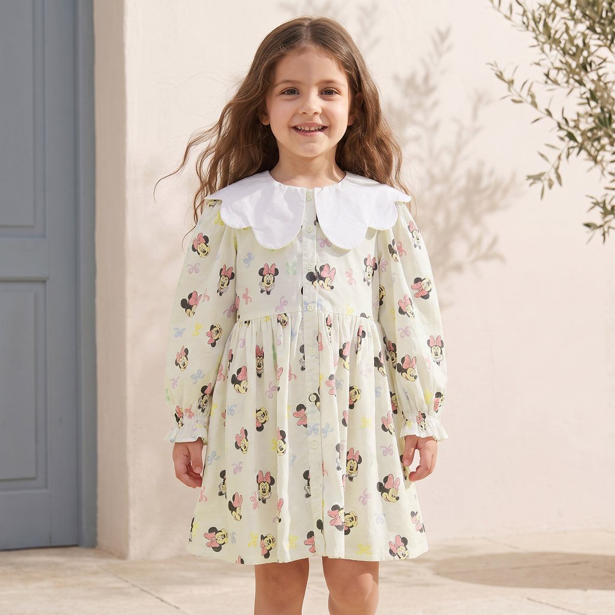 Disney Peter Pan Long Sleeves Knee Length A-line Dress with Minnie Mouse Print