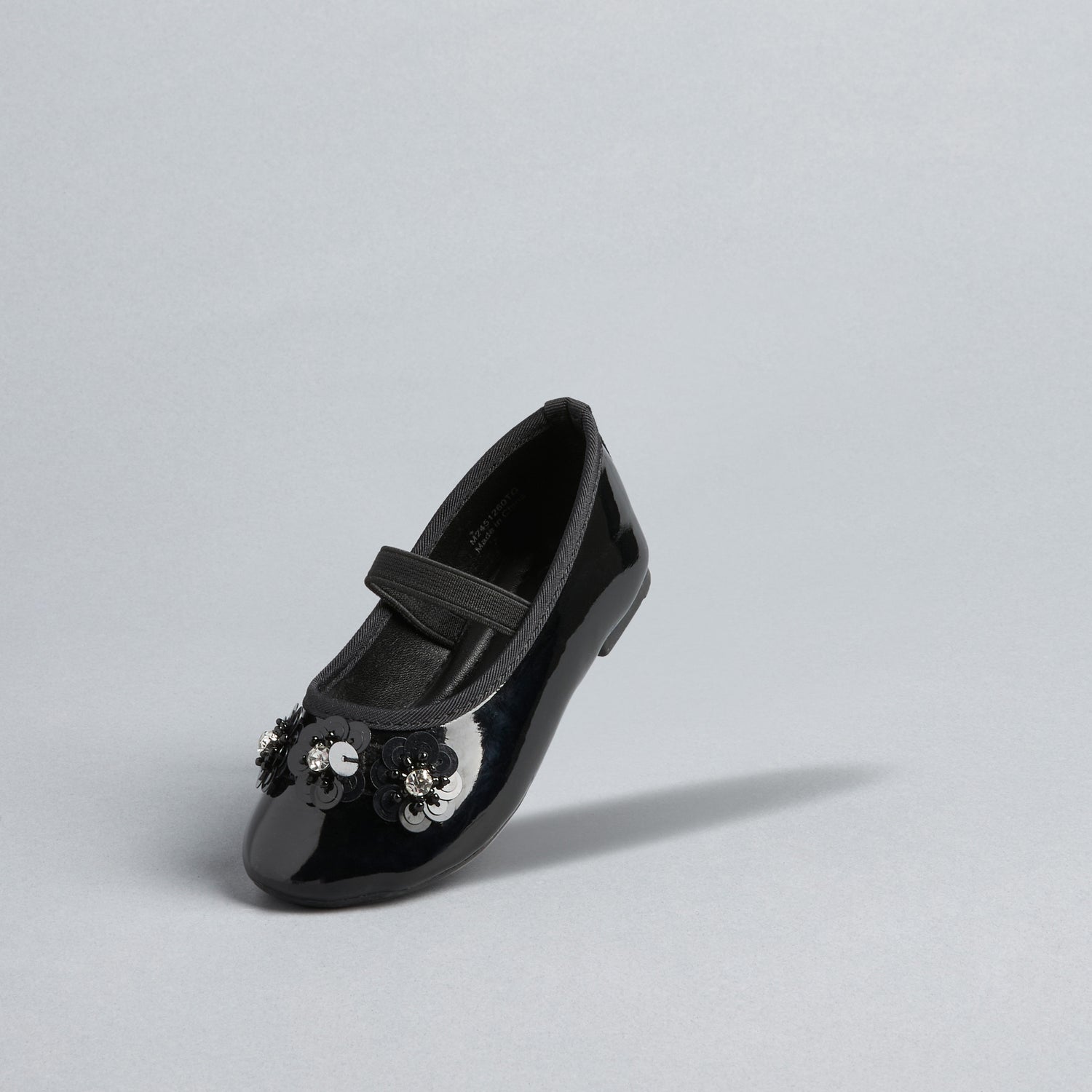Floral Embellished Ballerina Shoes with Elasticated Strap - Black / 20