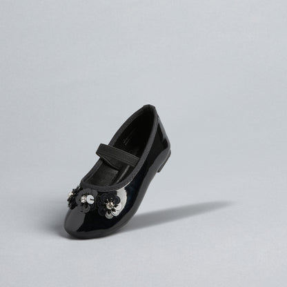 Floral Embellished Ballerina Shoes with Elasticated Strap - Black / 20