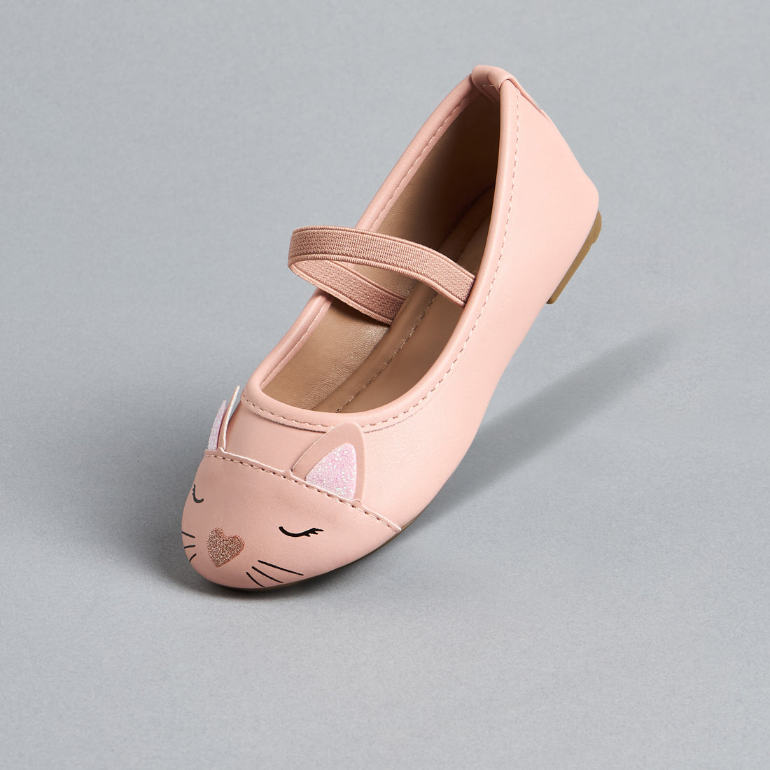 Cat Face Embellished Ballerina Shoes with Elasticated Strap - White / 20