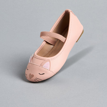 Cat Face Embellished Ballerina Shoes with Elasticated Strap - White / 20