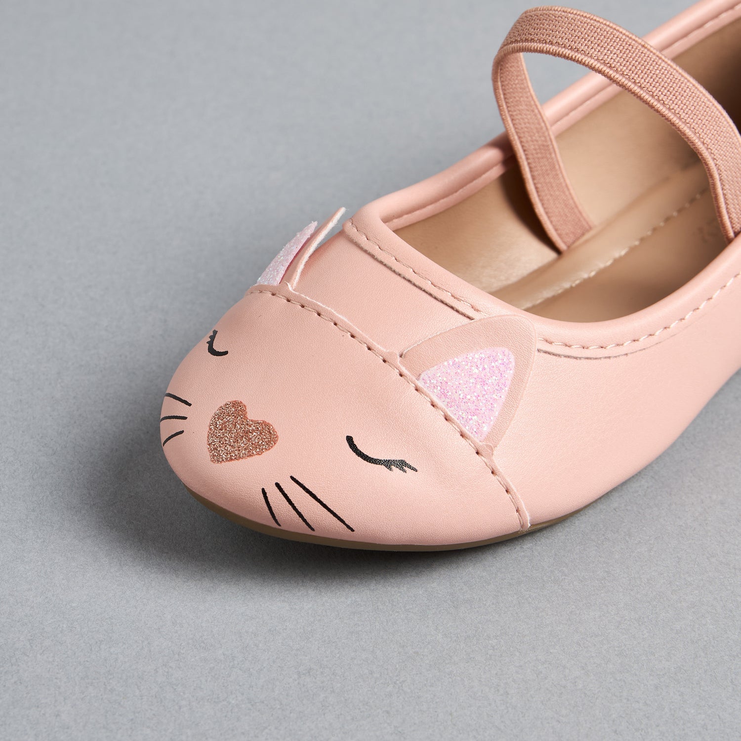 Cat Face Embellished Ballerina Shoes with Elasticated Strap