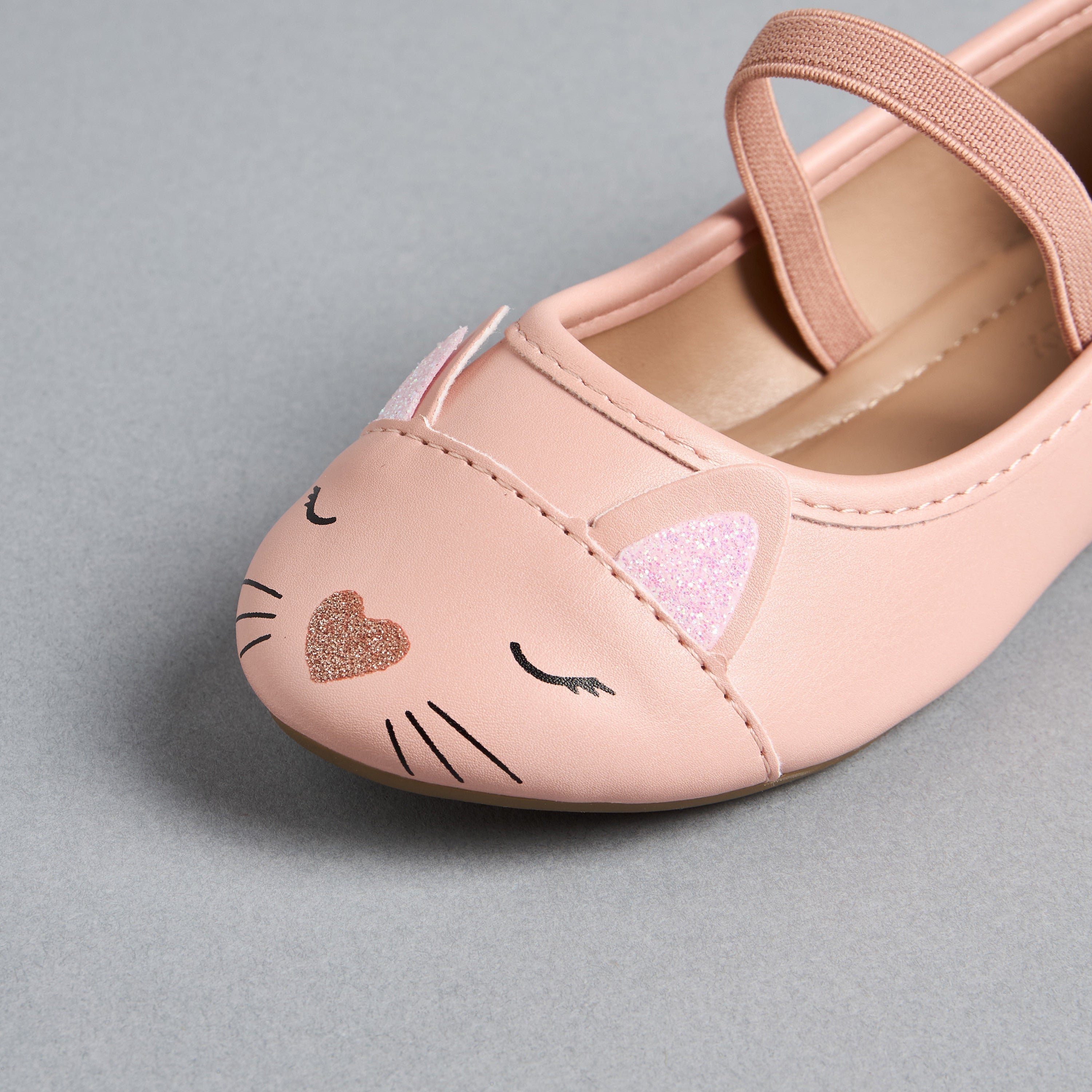 Cat Face Embellished Ballerina Shoes with Elasticated Strap