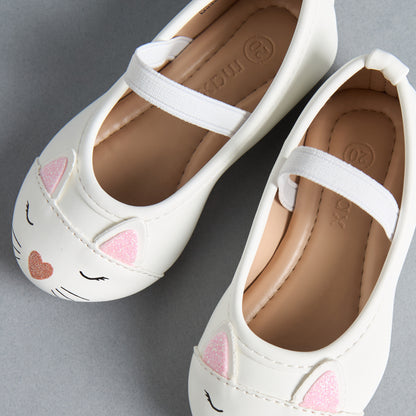 Cat Face Embellished Ballerina Shoes with Elasticated Strap