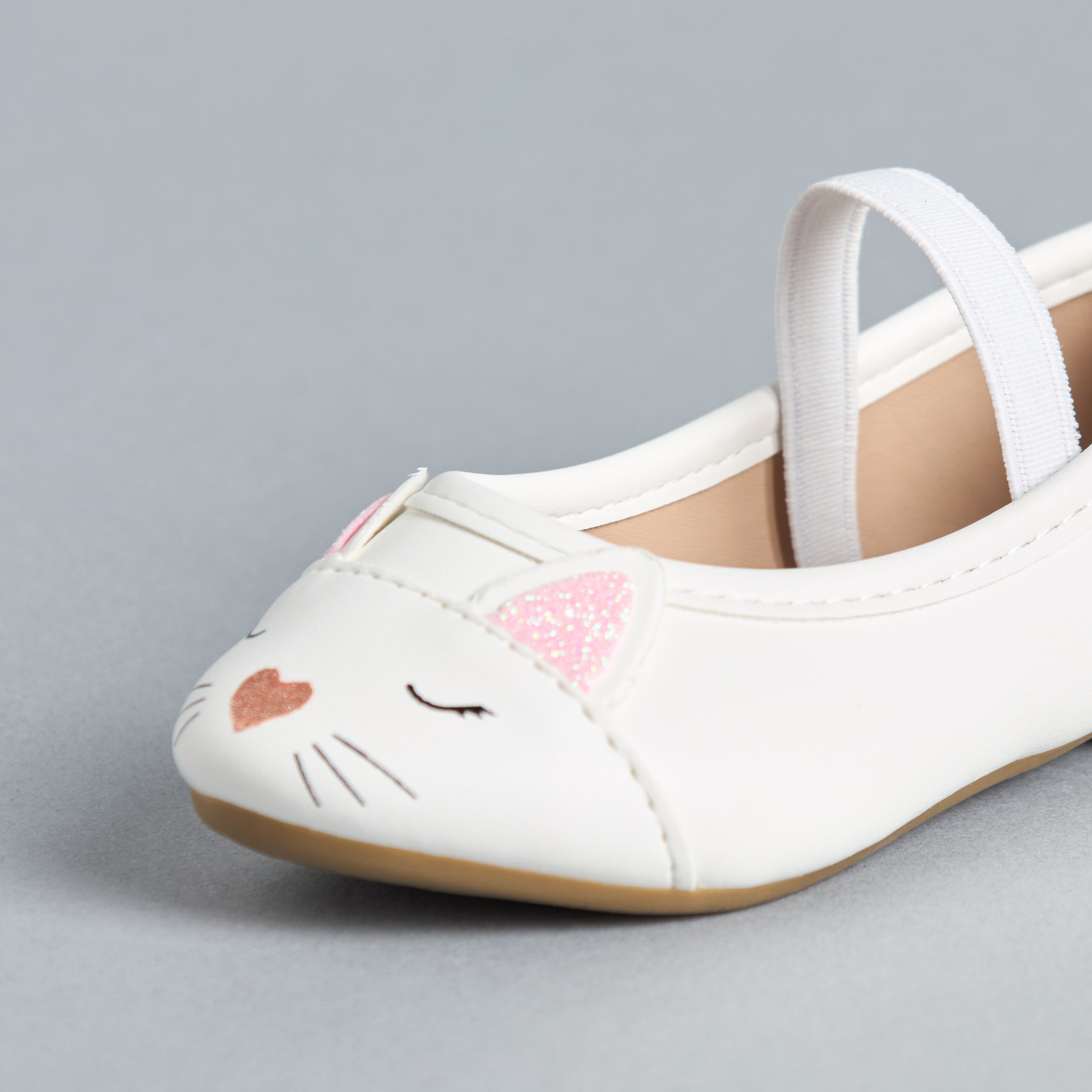 Cat Face Embellished Ballerina Shoes with Elasticated Strap