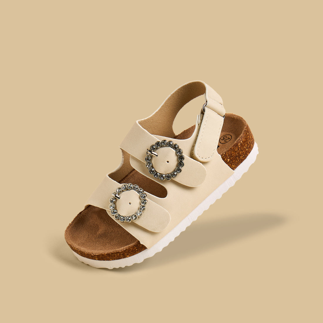 Embellished Buckle Sandals with Hook and Loop Closure - Cream / 20