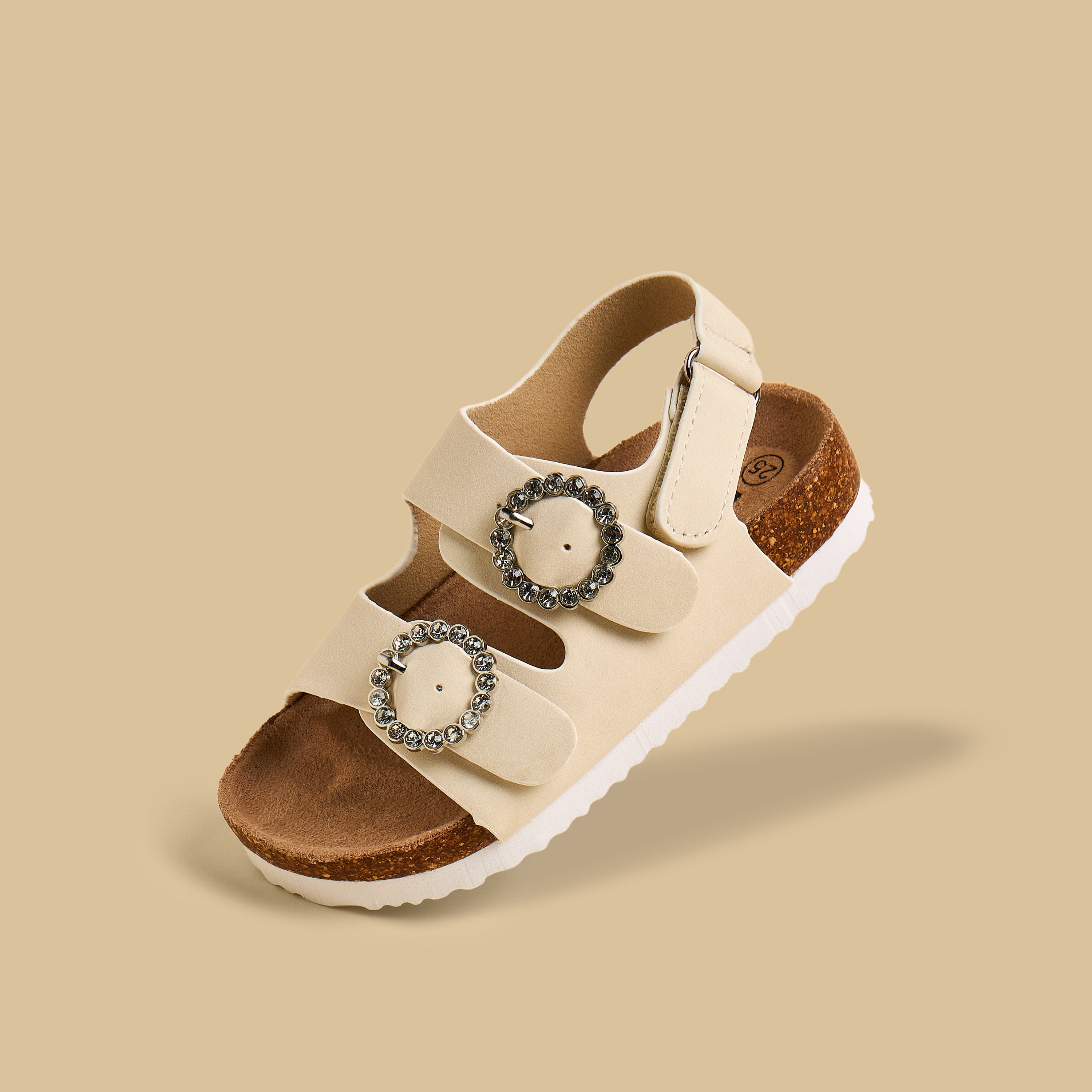 Embellished Buckle Sandals with Hook and Loop Closure - Cream / 20