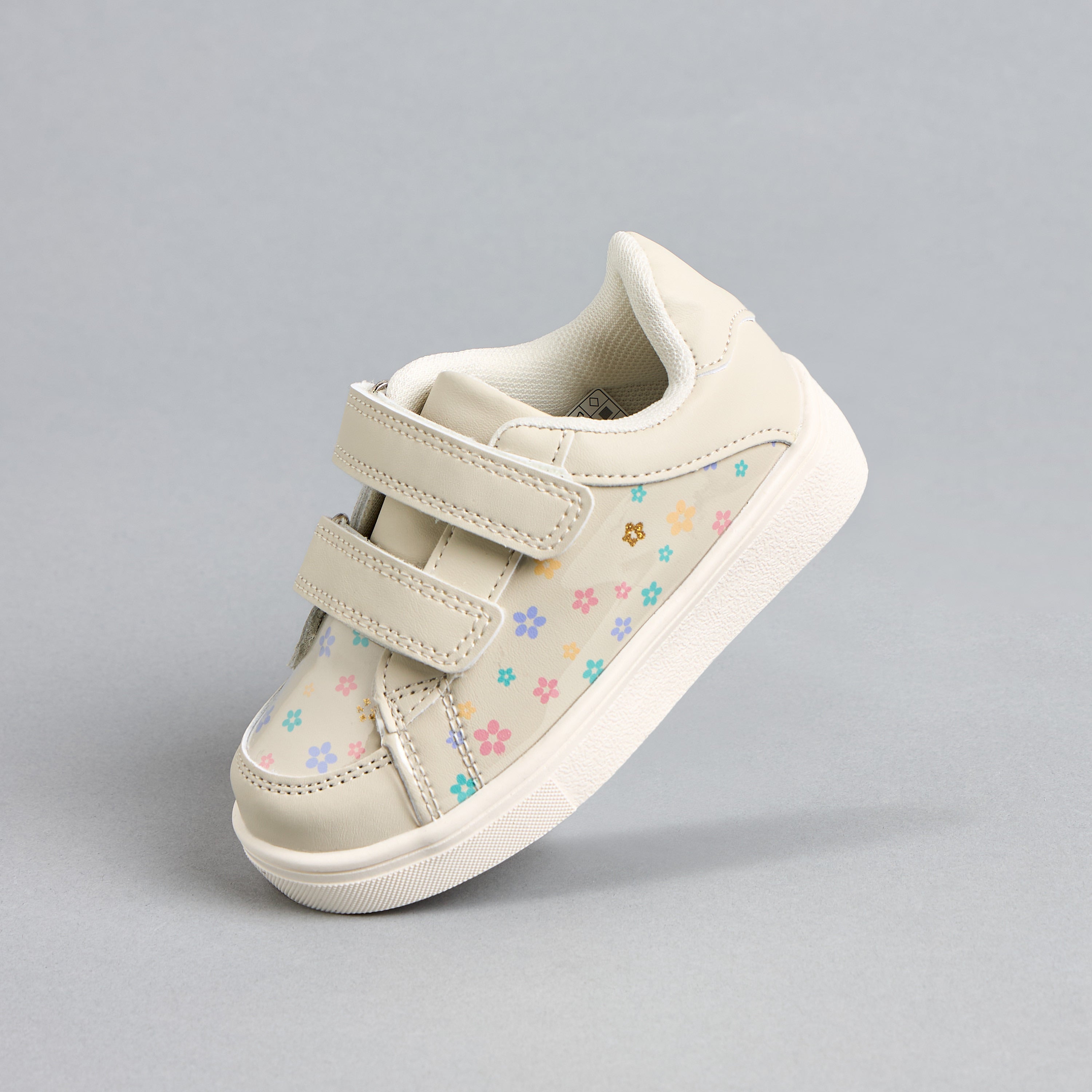 All-Over Floral Print Sport Shoes with Hook and Loop Closure - Cream / 20