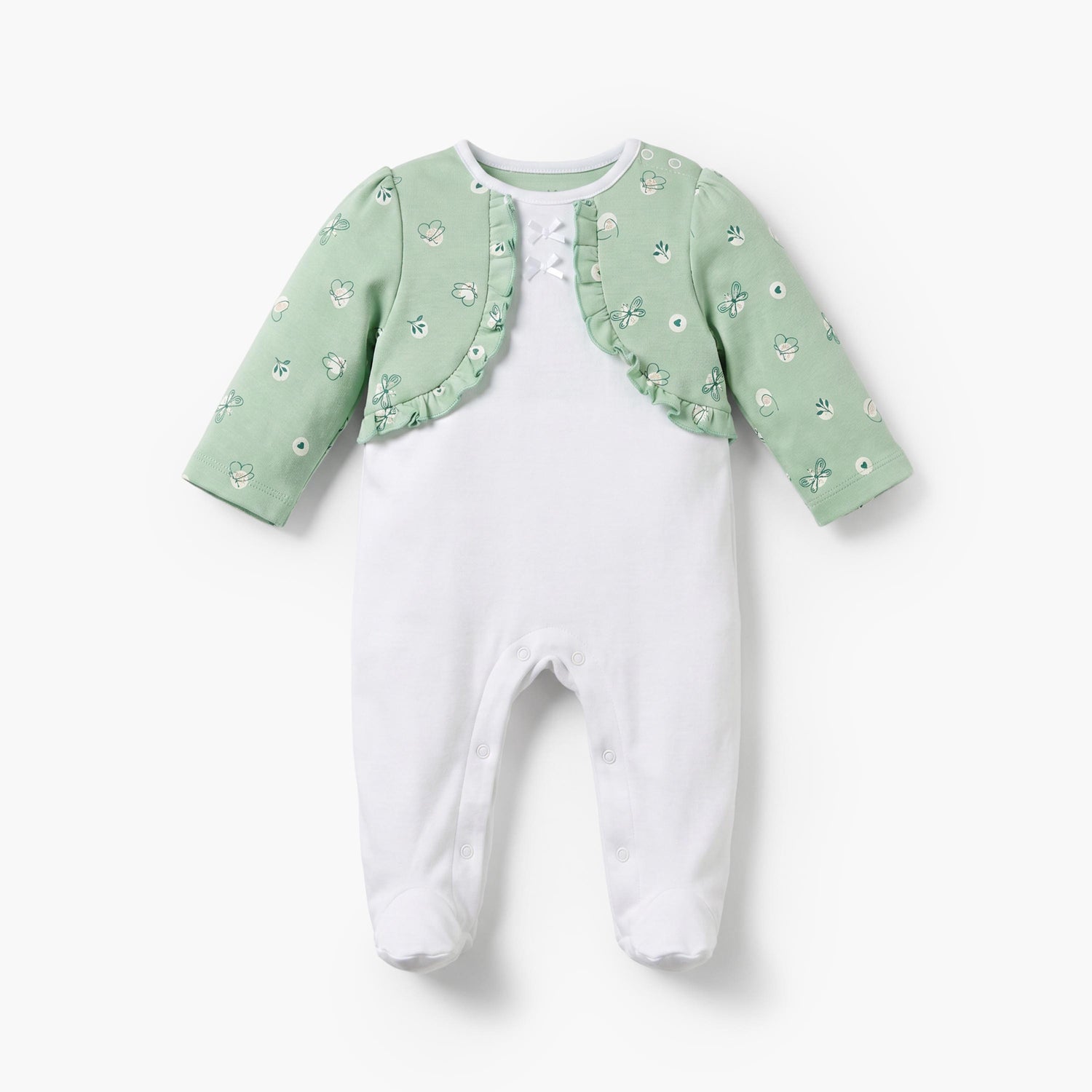 Juniors Cotton Round Neck Long Sleeves Sleepsuit with Bolero Overlay - White / 9-12 mths