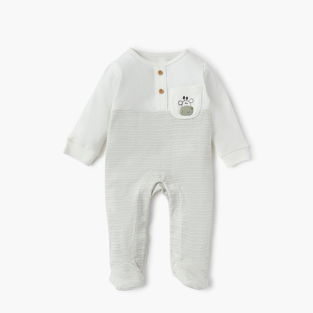 Juniors Striped Sleepsuit with Chest Pocket - Cream / 9-12 mths
