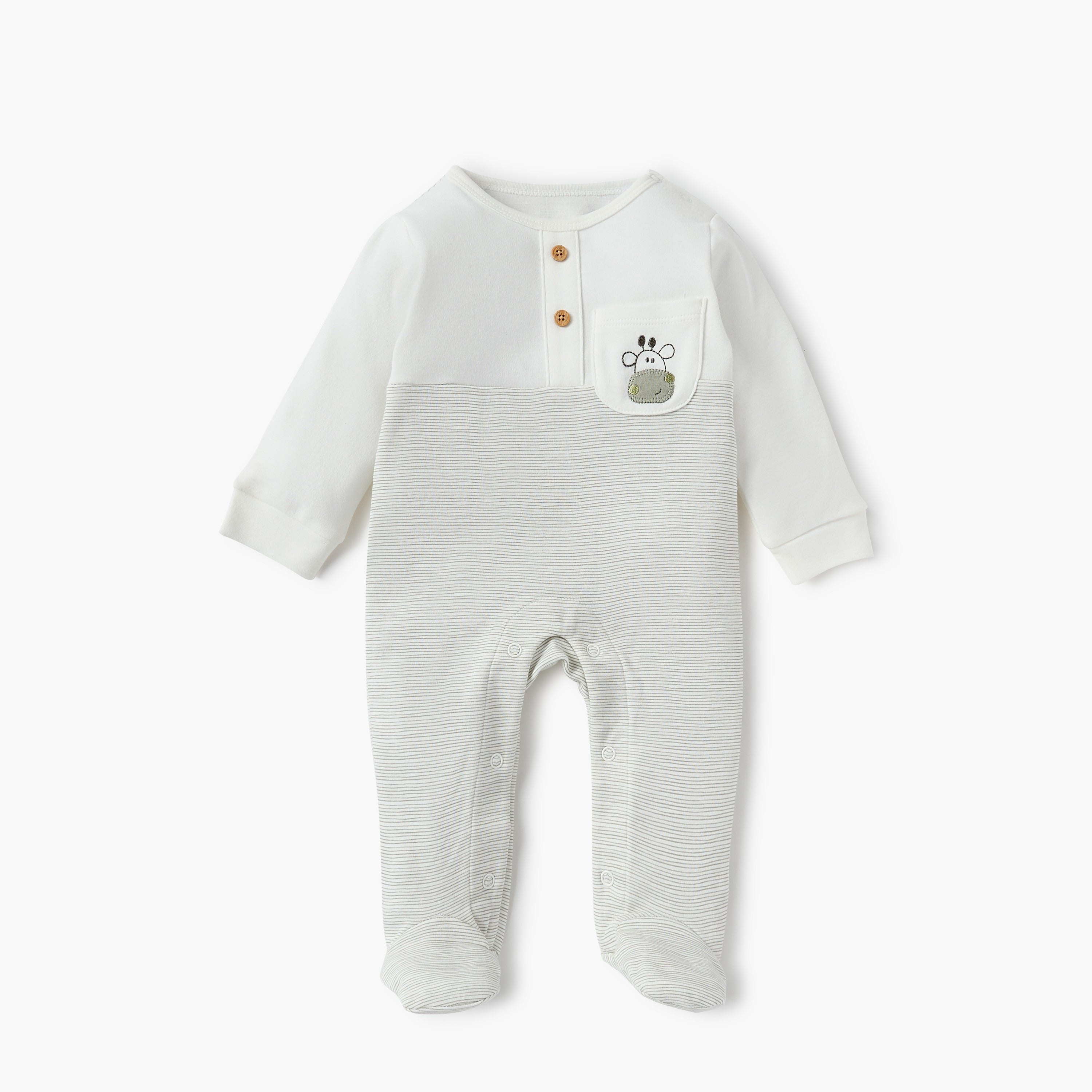 Juniors Striped Sleepsuit with Chest Pocket - Cream / 9-12 mths
