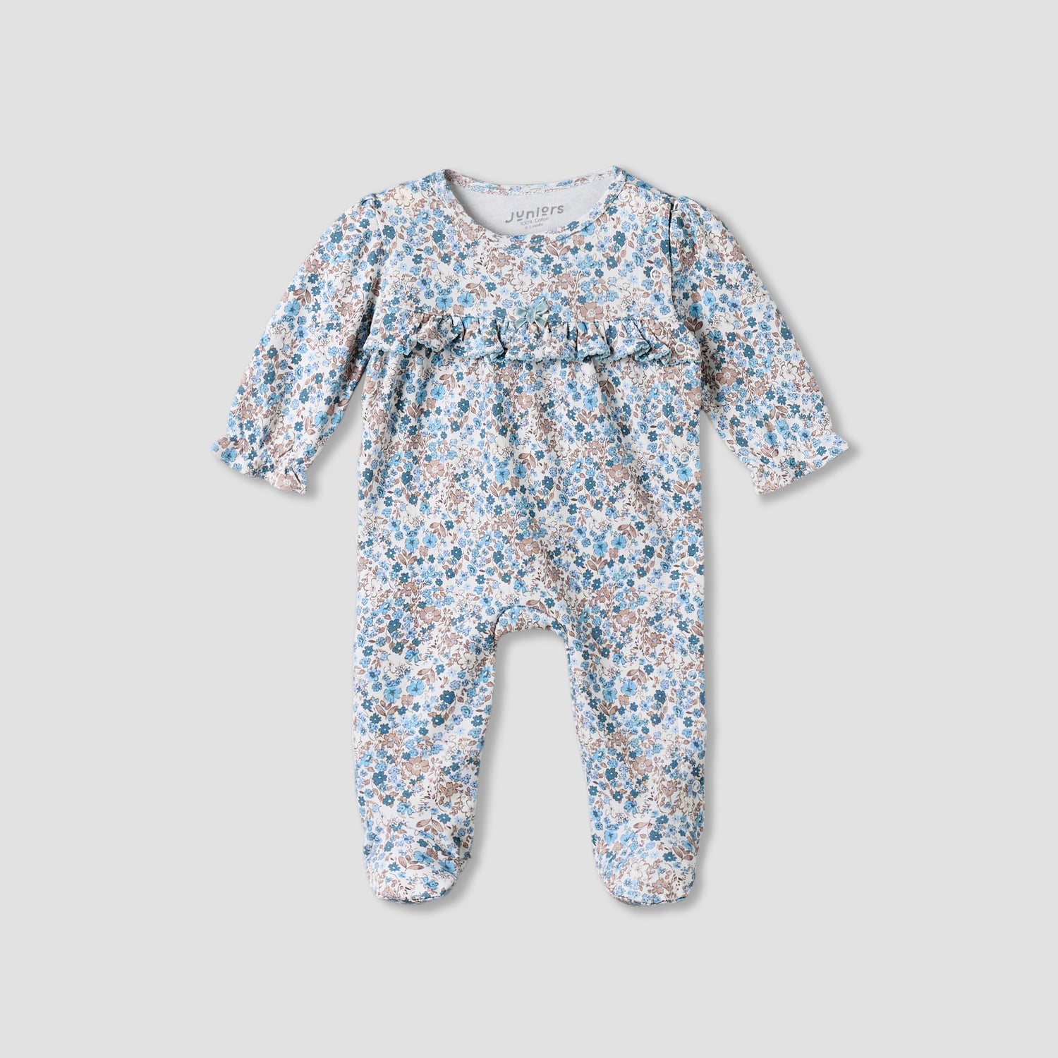 Juniors Cotton Round Neck Long Sleeves Sleepsuit with Floral Print - Blue / 9-12 mths