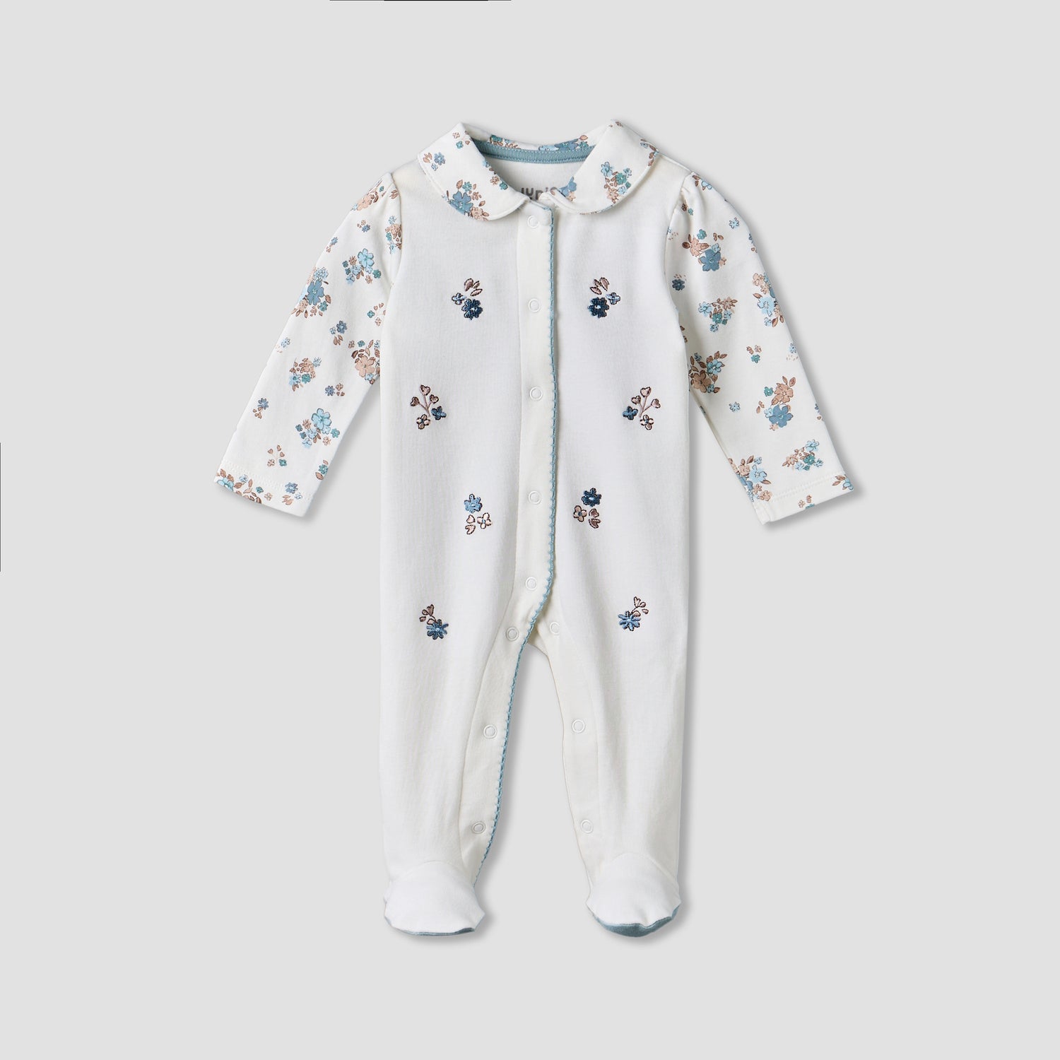 Juniors Cotton Collared Long Sleeves Sleepsuit with Floral Print - White / 9-12 mths