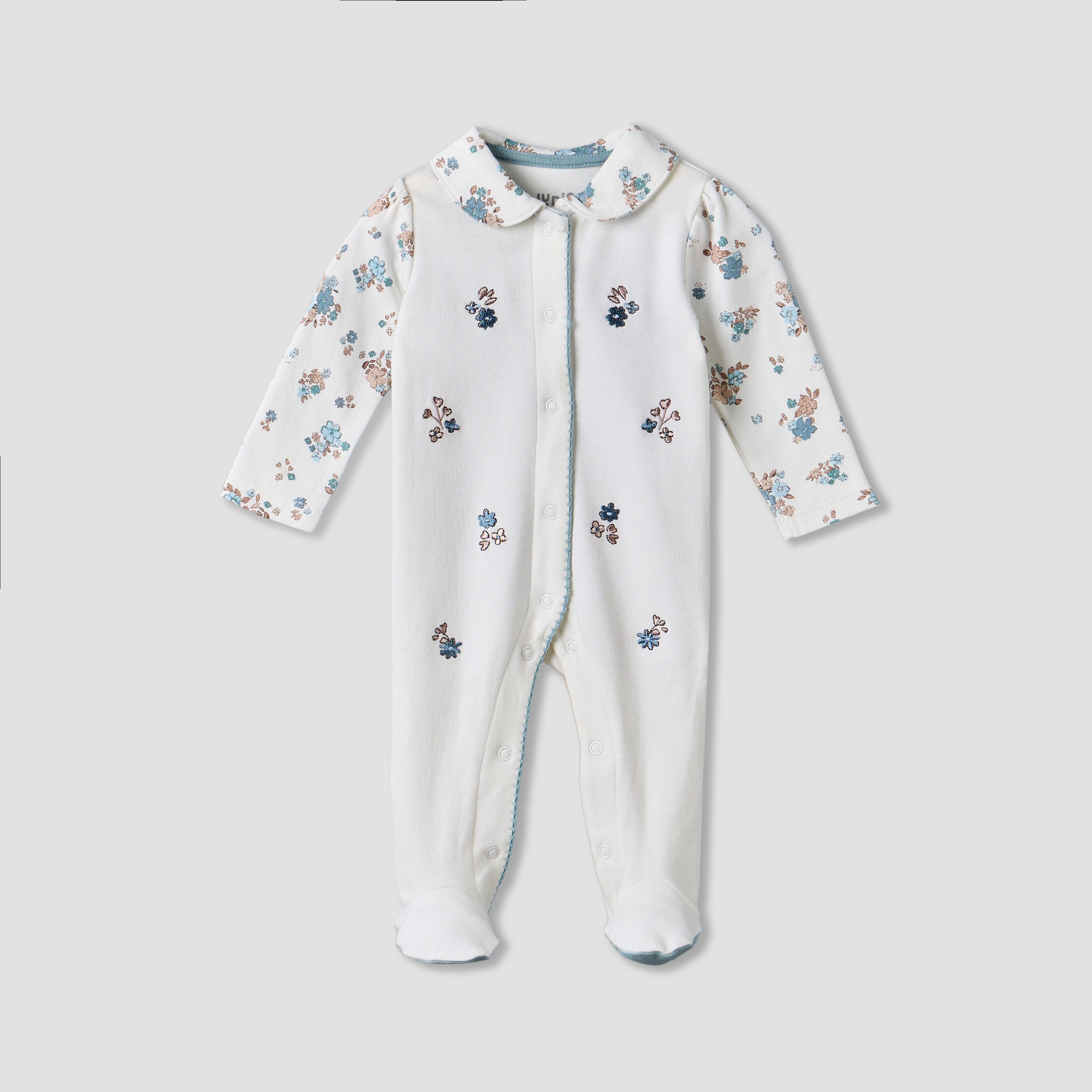 Juniors Cotton Collared Long Sleeves Sleepsuit with Floral Print - White / 9-12 mths
