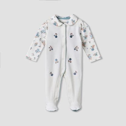 Juniors Cotton Collared Long Sleeves Sleepsuit with Floral Print - White / 9-12 mths