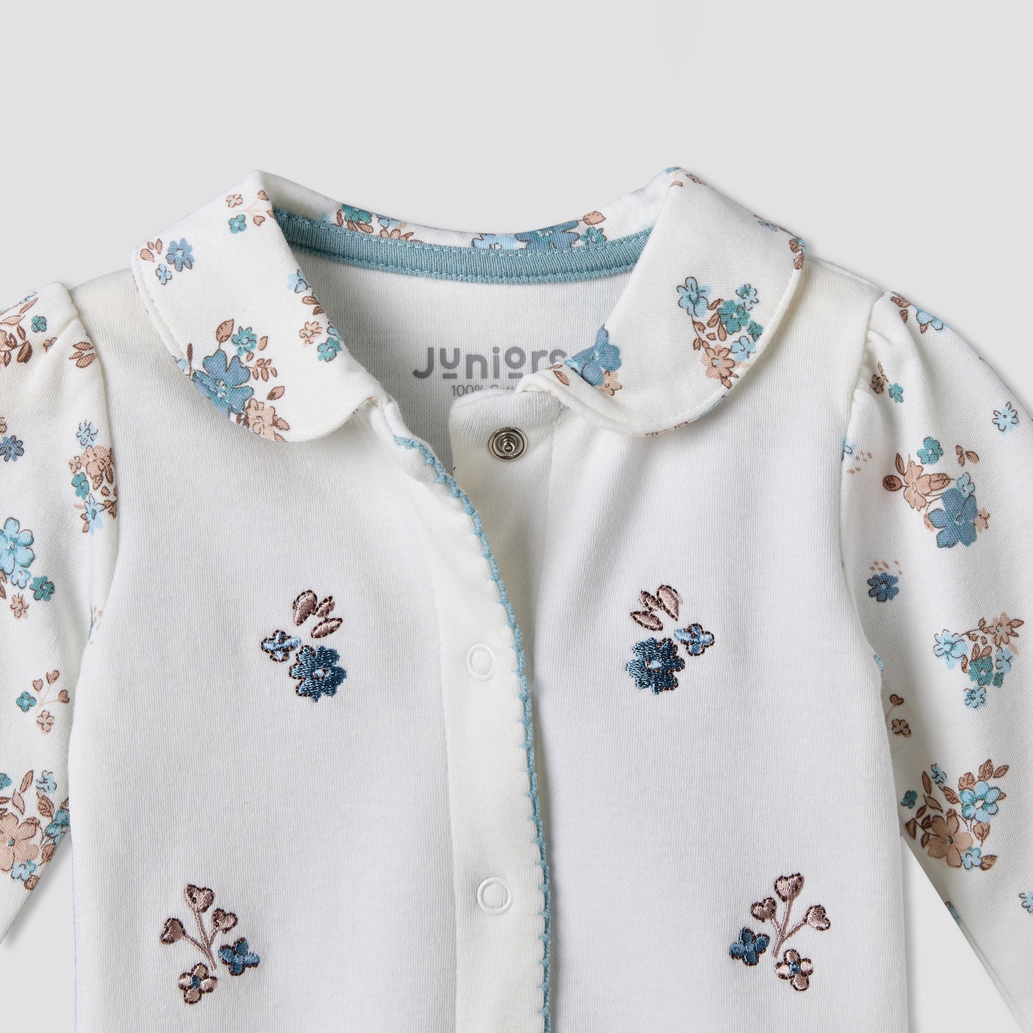 Juniors Cotton Collared Long Sleeves Sleepsuit with Floral Print