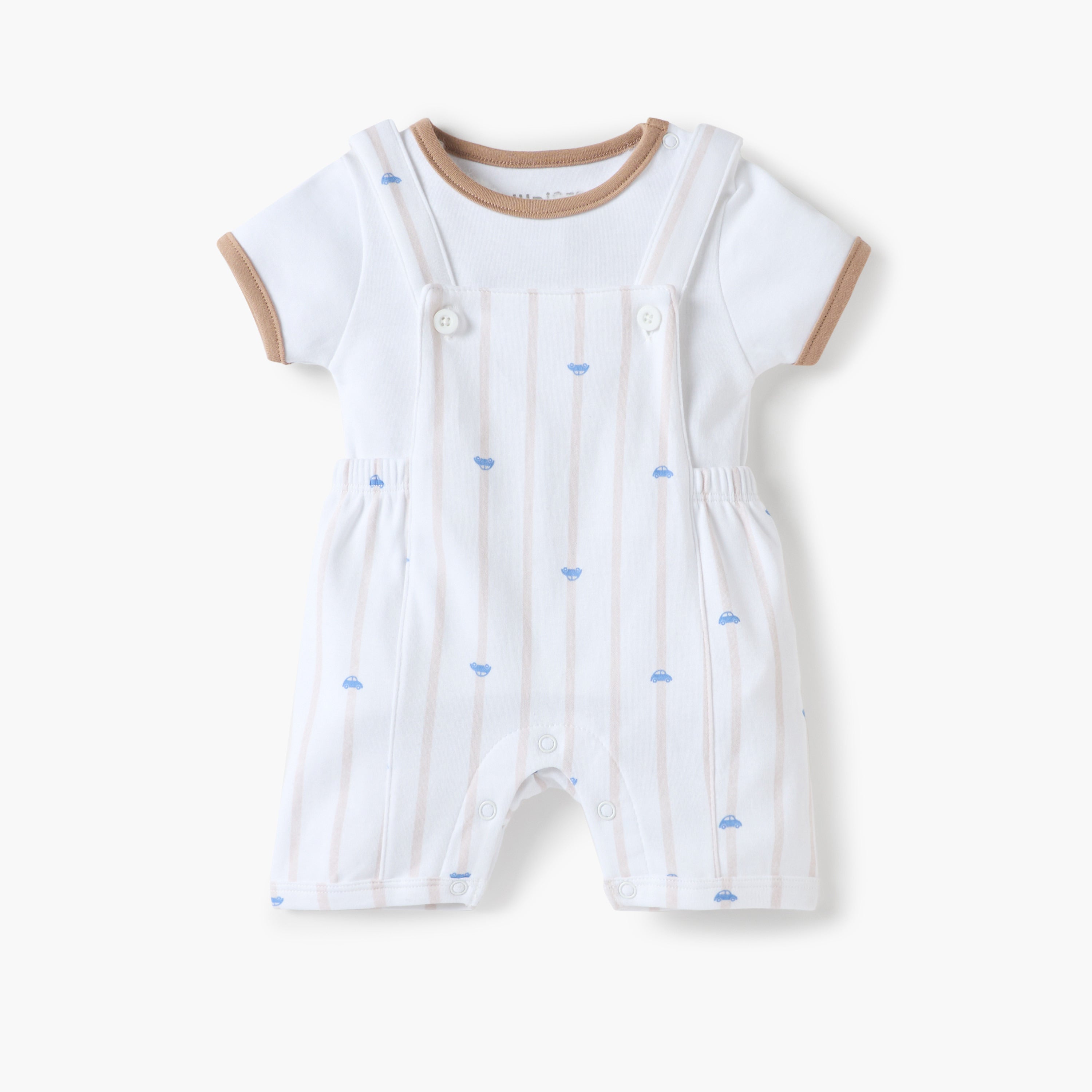 Juniors Car Print Dungaree and Solid T-shirt Set - White / 12-18 mths