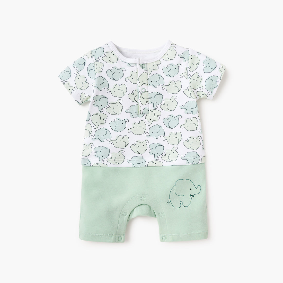 Juniors Elephant Print Romper with Short Sleeves and Snap Button Closure - Green / 12-18 mths