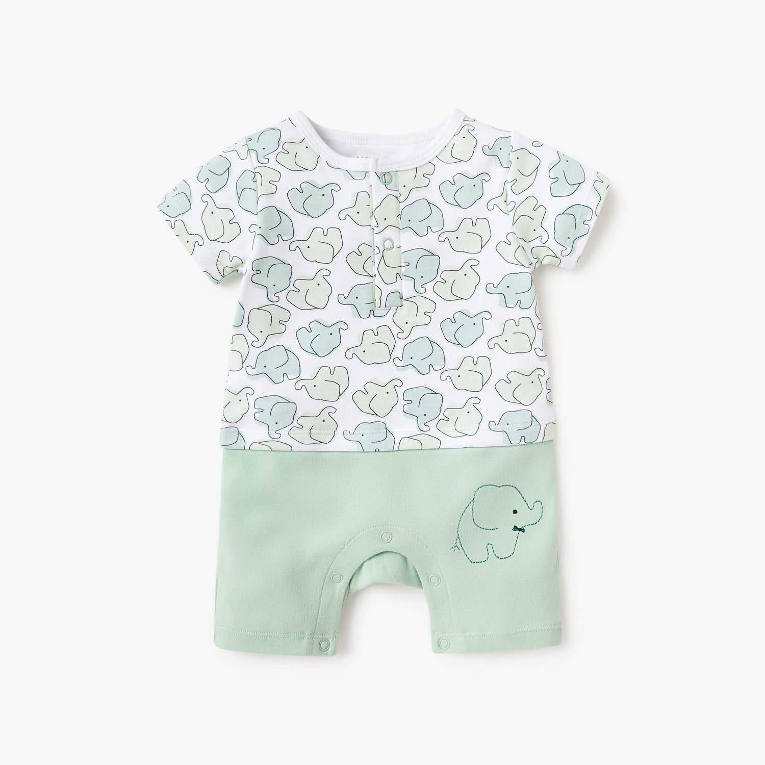 Juniors Elephant Print Romper with Short Sleeves and Snap Button Closure - Green / 12-18 mths